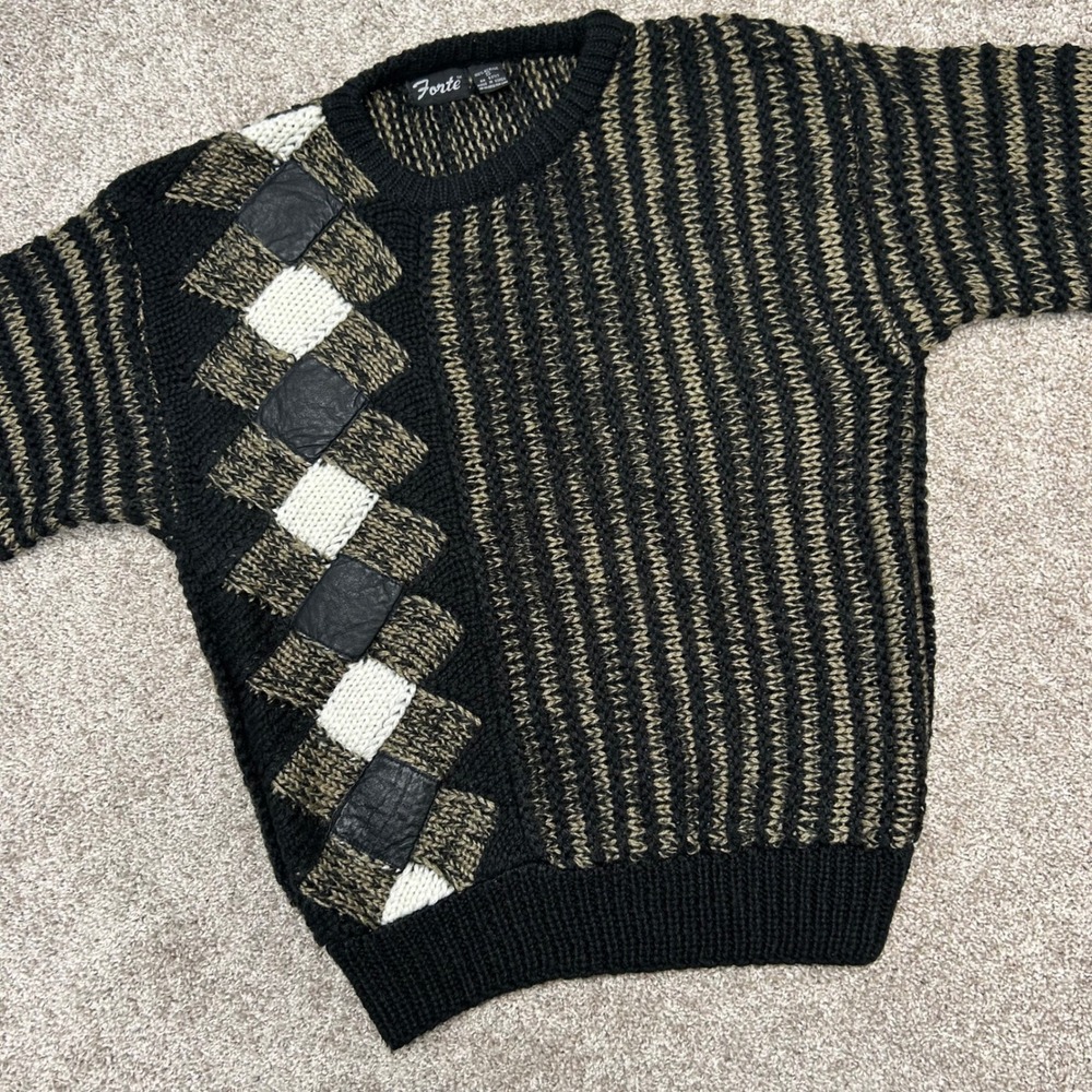 Vintage Forte Crewneck Sweater Men Size Small Leather Accents 90s Stripe‎